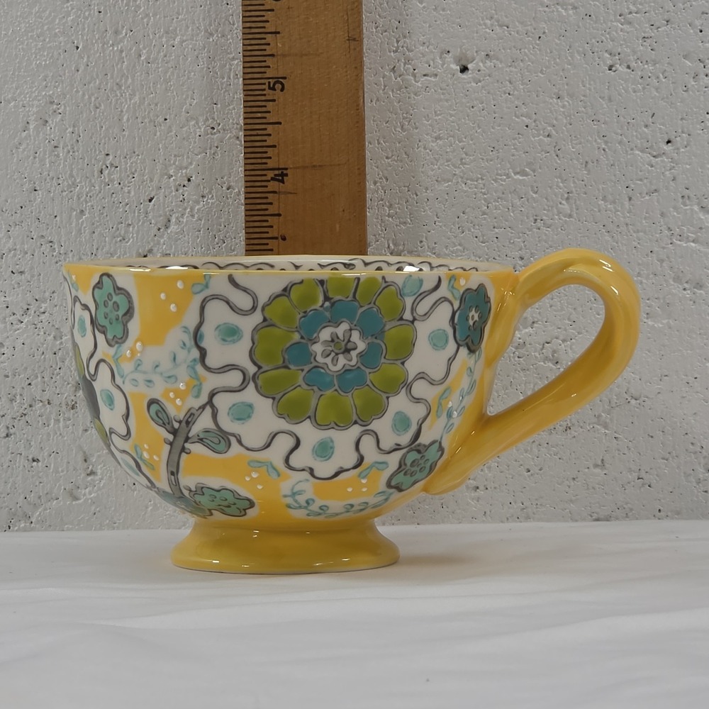 Anthropologie Elka Ayaka Pedestal Cup Mug Yellow Teal Floral Twisted Handle 10oz - Picture 9 of 11